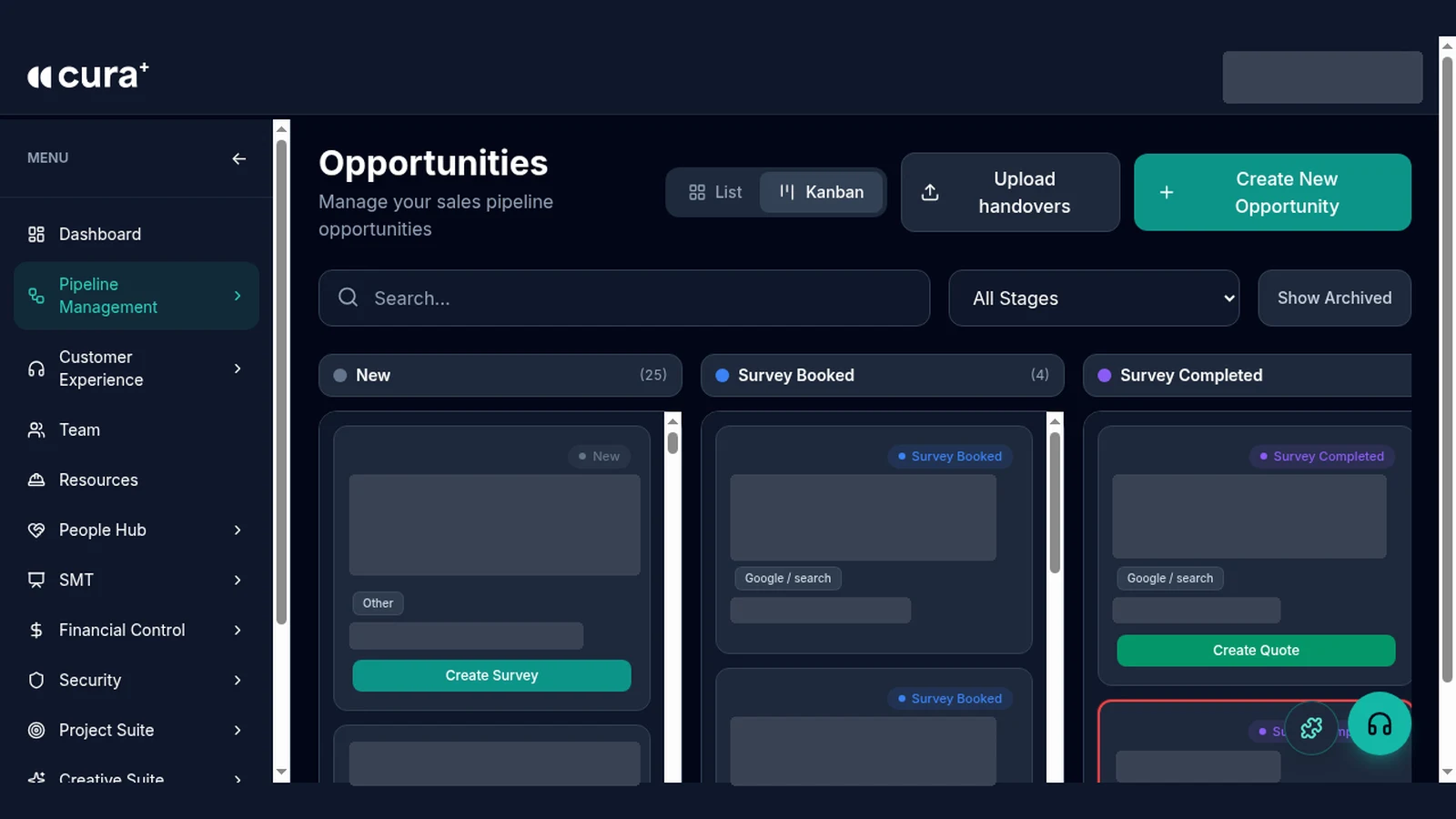 Cura+ Admin opportunities pipeline, client details hidden
