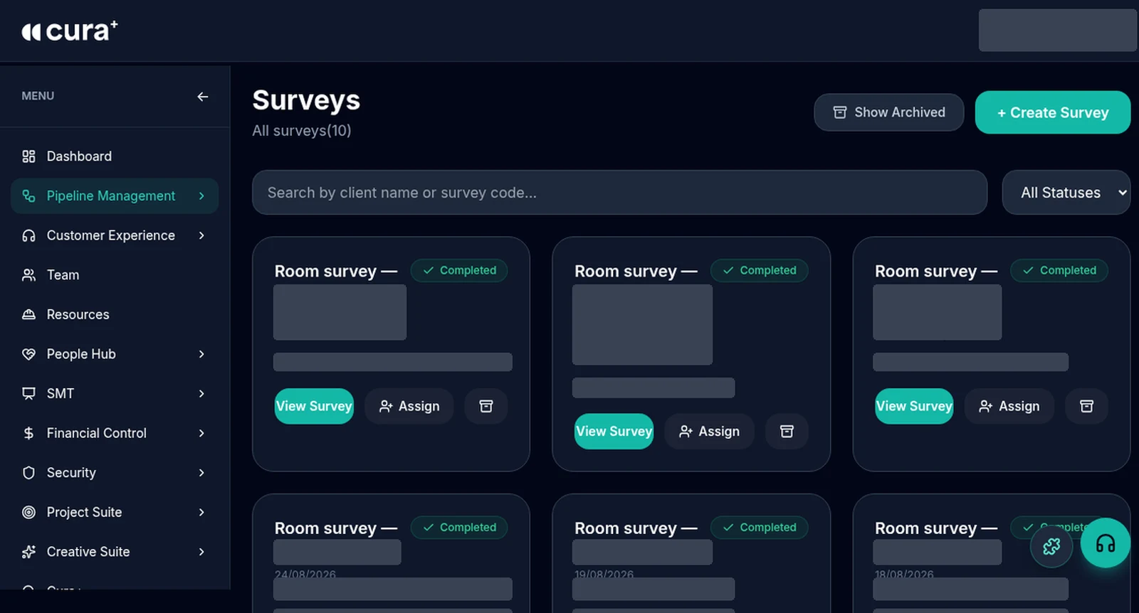 Cura+ Admin room surveys list, client details hidden