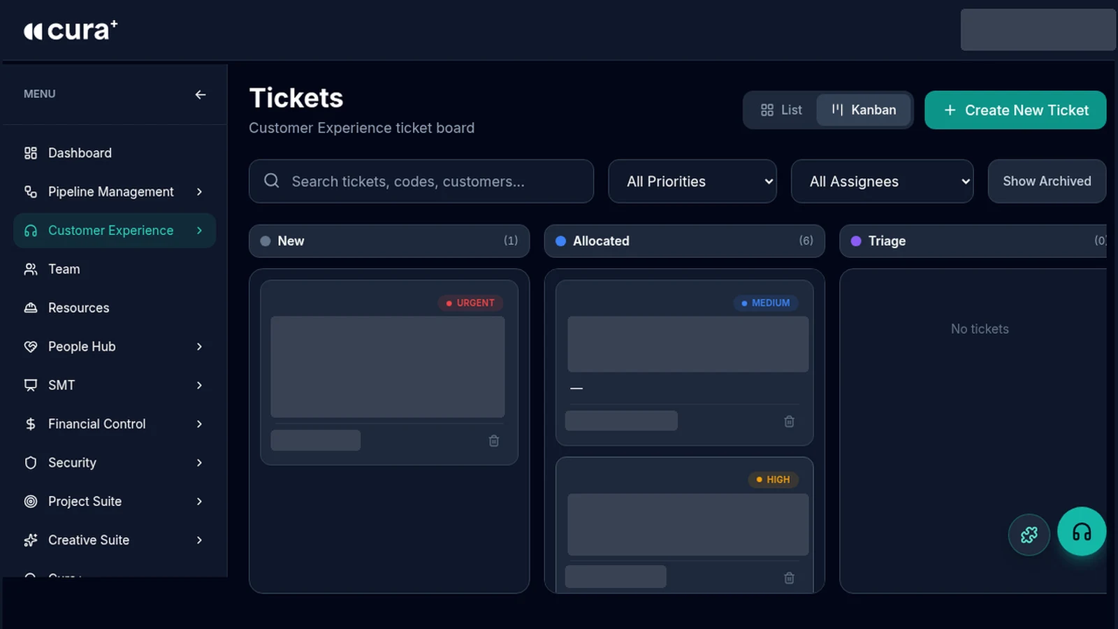 Cura+ Admin customer experience ticket board, client details hidden