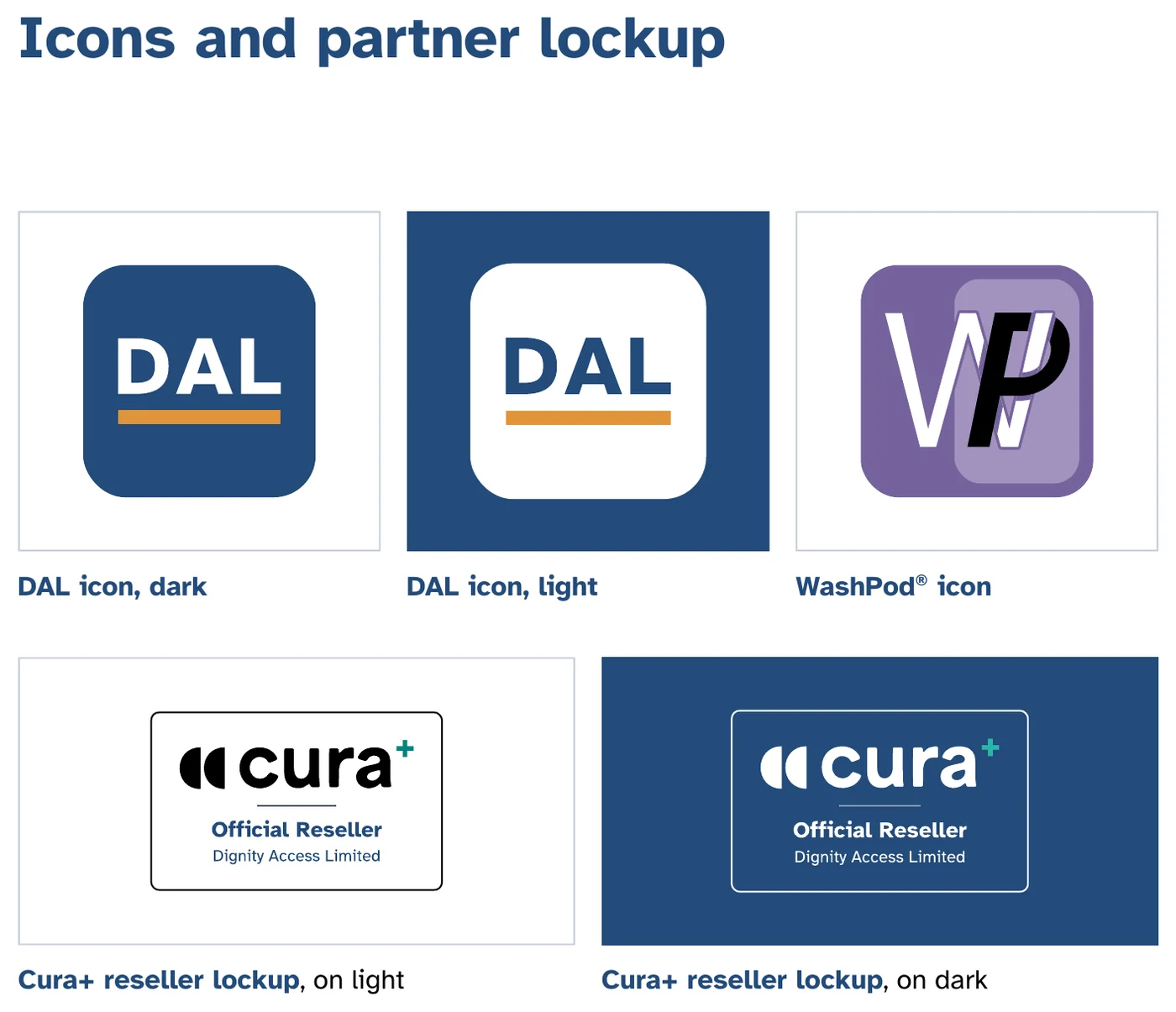 Dignity Access brand pack page: DAL icons, WashPod icon and Cura+ Official Reseller lockups