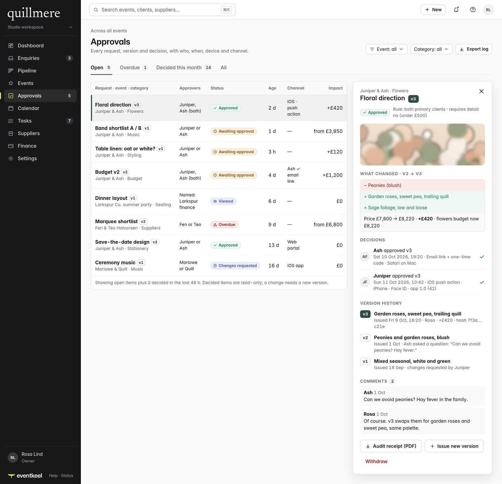 Eventkeel Planner admin approvals hub design listing client decisions with status, version history and comments, using fictional data