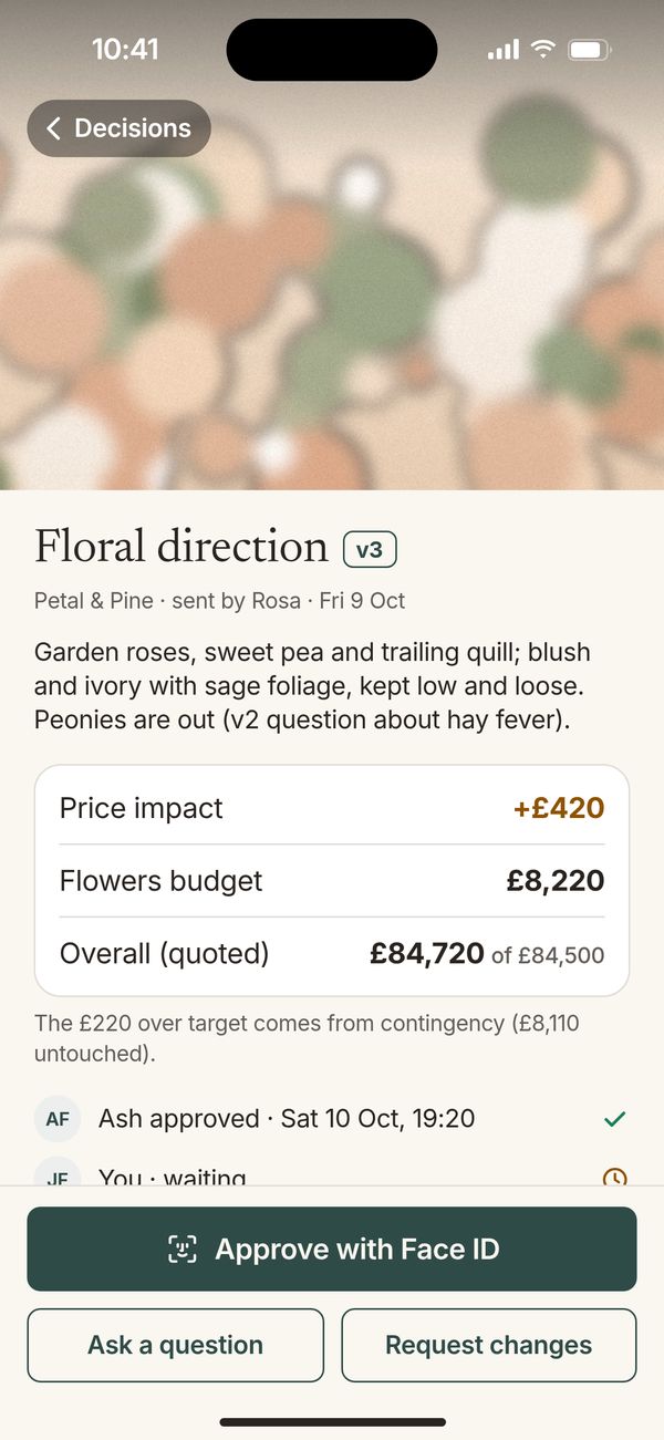 Eventkeel client app approval detail screen design with price impact and an Approve with Face ID button, fictional data