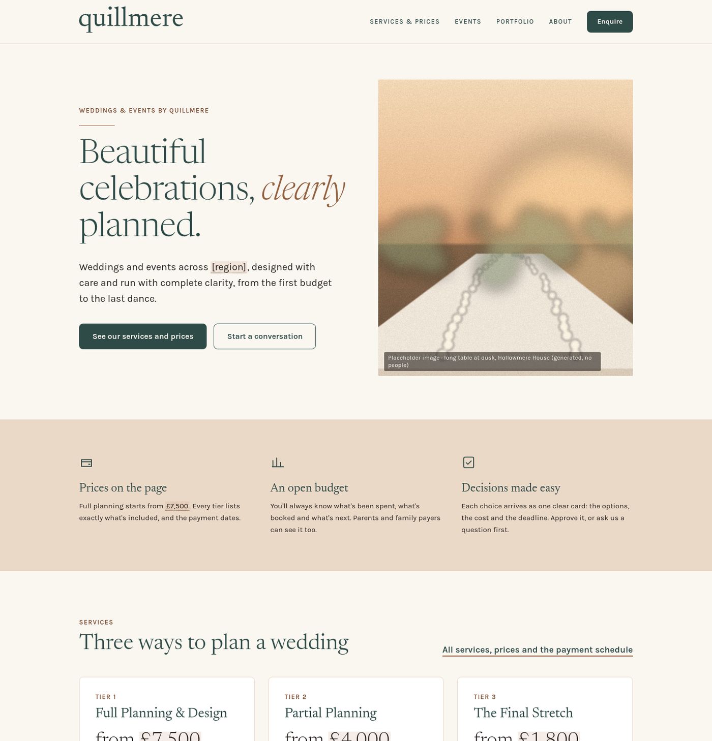 Studio website home page design for the fictional Quillmere Events, with a headline, two buttons and a placeholder image
